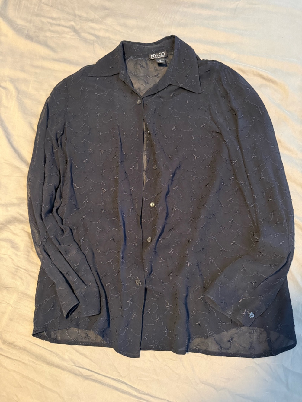New York & Company Black Sheer Embroidered Button-Down Blouse